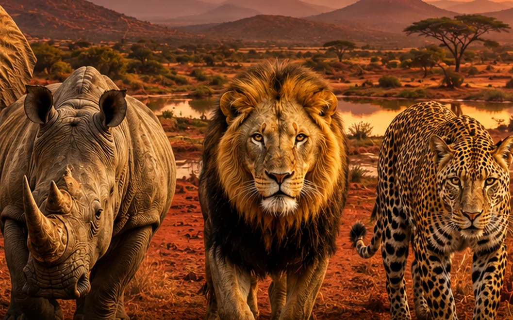 A rhino, a lion and a leopard walking across the red Tsavo earth.