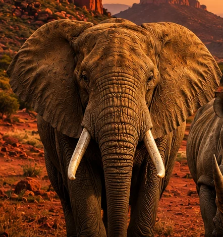 An African elephant facing the camera on the red Tsavo plain.