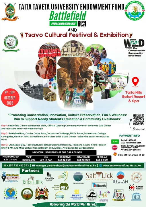 Official poster for the Battlefield Run 2026 and Tsavo Cultural Festival & Exhibition, showing the Big Five and two runners.