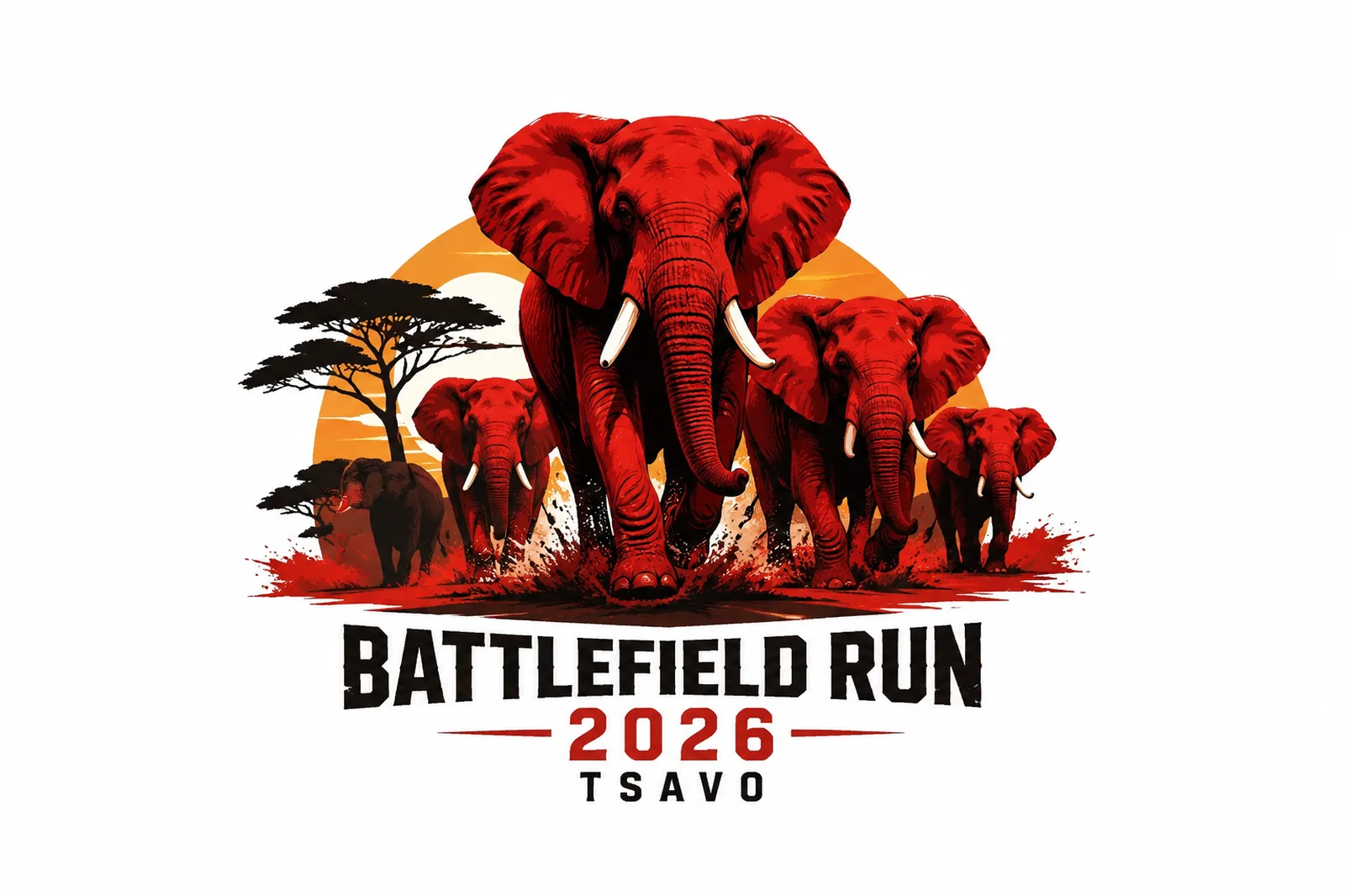 Battlefield Run 2026 Tsavo emblem: a herd of elephants charging across the plain at sunset