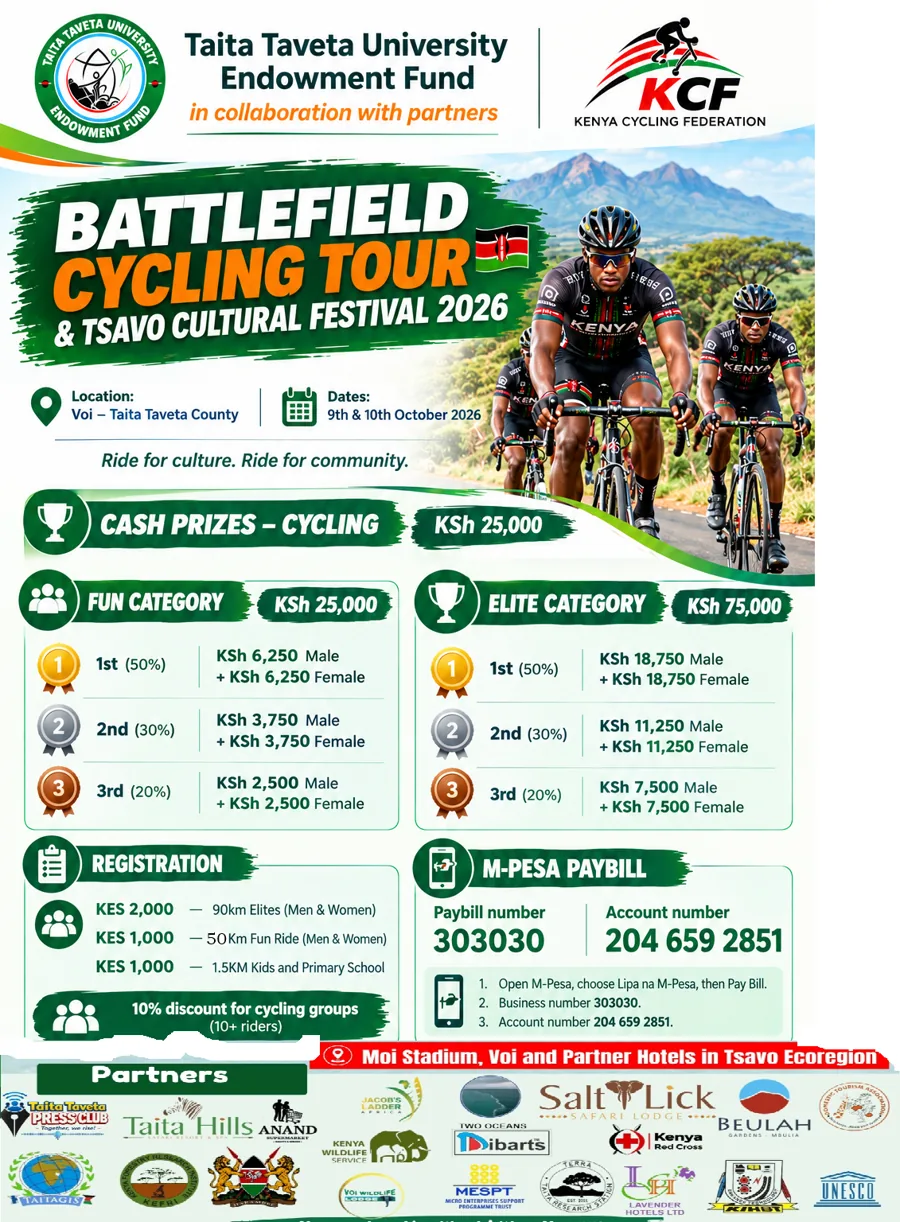 Official poster: Battlefield Cycling Tour and Tsavo Cultural Festival 2026, with two cyclists riding past elephants in Tsavo